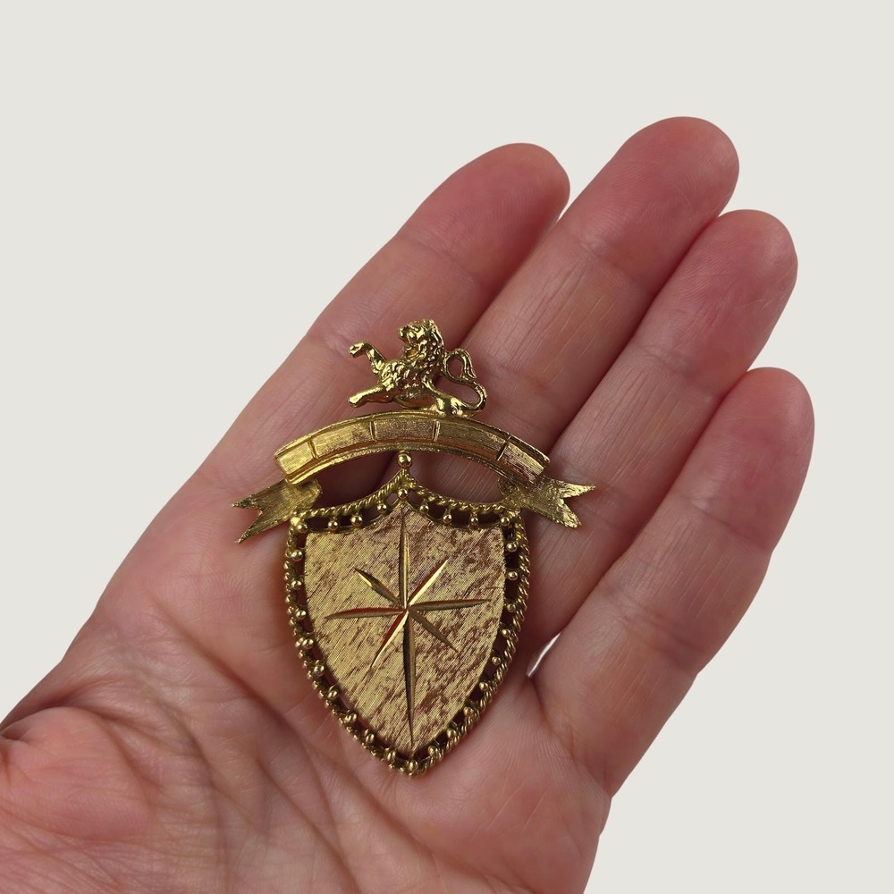 Vintage Mamselle Brooch Pin Heraldic Lion Shield Crest Royalcore Gold Tone